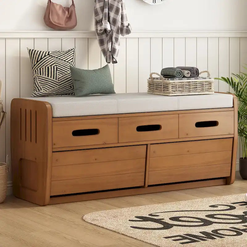 Banc de rangement rustique avec 2 tiroirs, espace de rangement dissimulé et 3 faux tiroirs sur le dessus