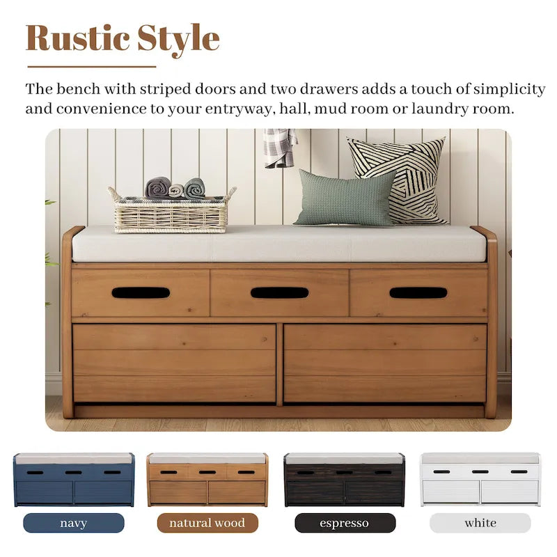Banc de rangement rustique avec 2 tiroirs, espace de rangement dissimulé et 3 faux tiroirs sur le dessus