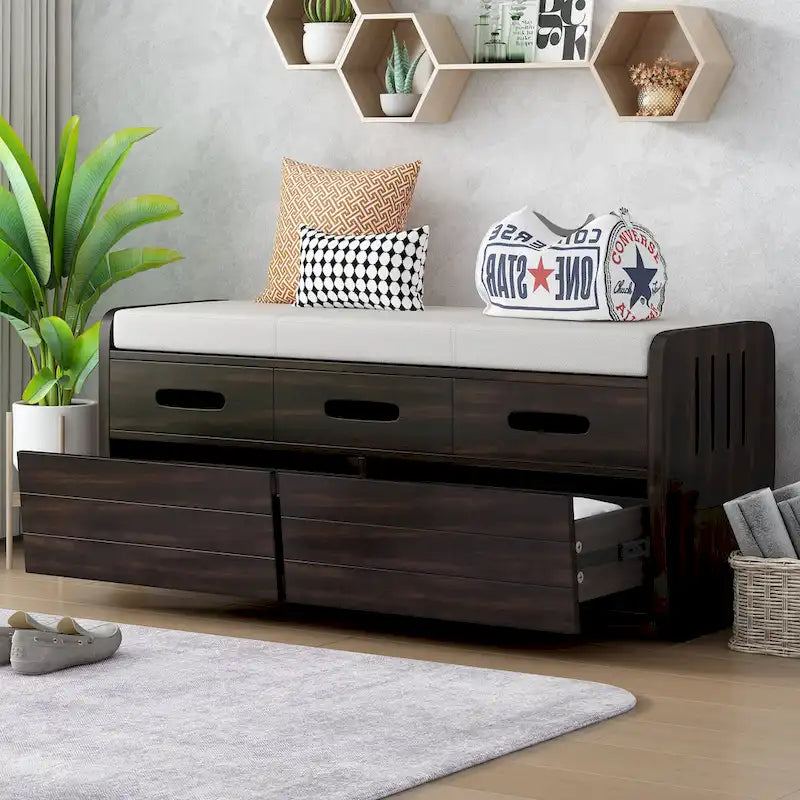 Banc de rangement rustique avec 2 tiroirs, espace de rangement dissimulé et 3 faux tiroirs sur le dessus