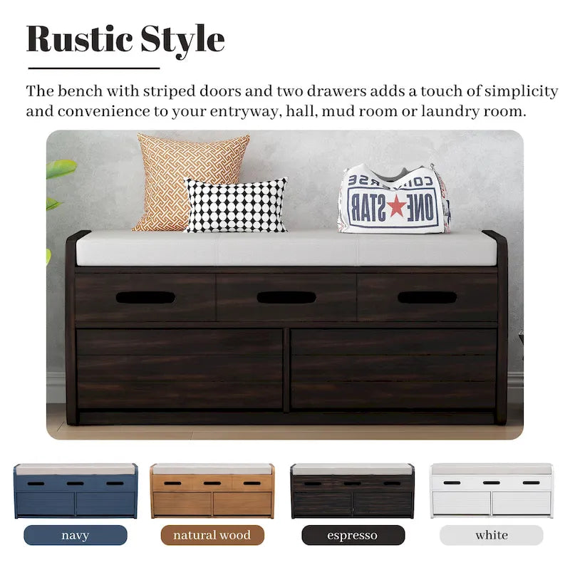 Banc de rangement rustique avec 2 tiroirs, espace de rangement dissimulé et 3 faux tiroirs sur le dessus
