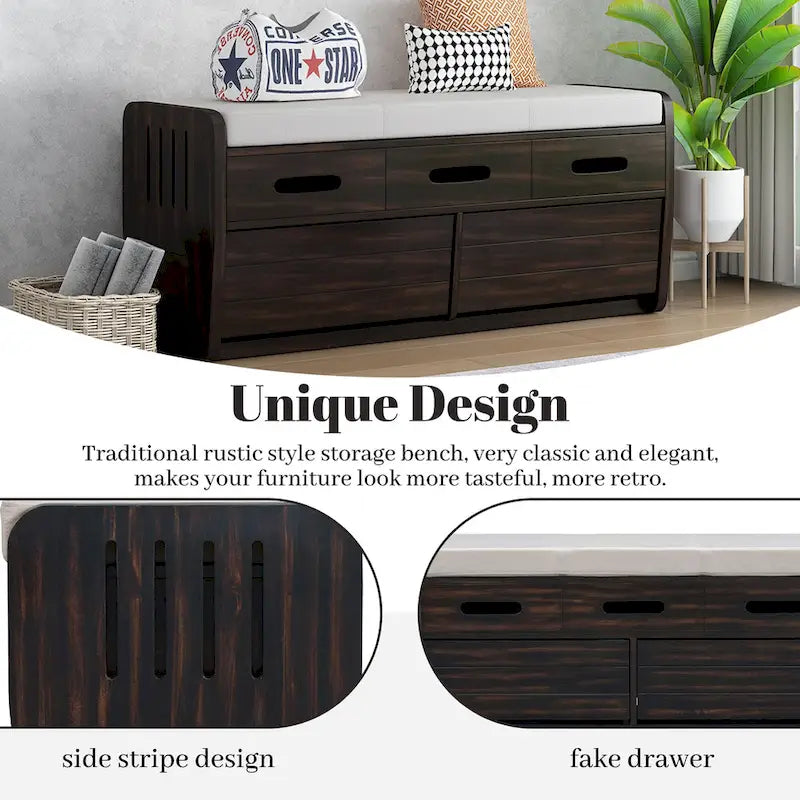 Banc de rangement rustique avec 2 tiroirs, espace de rangement dissimulé et 3 faux tiroirs sur le dessus