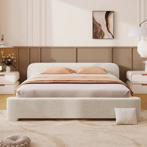 Boucle Upholstered Platform Bed Modern Wood Queen Bed Frame with Headboard for Bedroom, No Box Spring Required