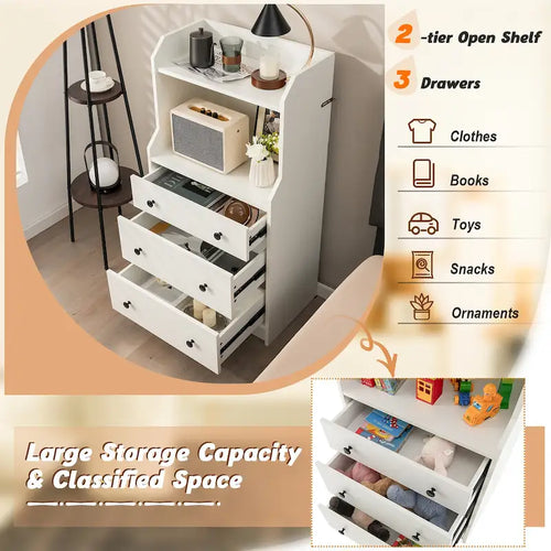 Commode en bois à 3 tiroirs de 112 cm de haut | Meuble de rangement pour chambre, cadre en bois massif, organisateur