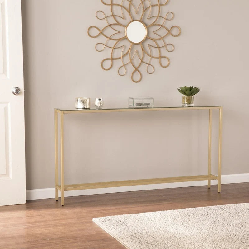 Console Miroir Argenté, Piètement en Métal Doré et Style Moderne - 56 L x 8 P x 30 H