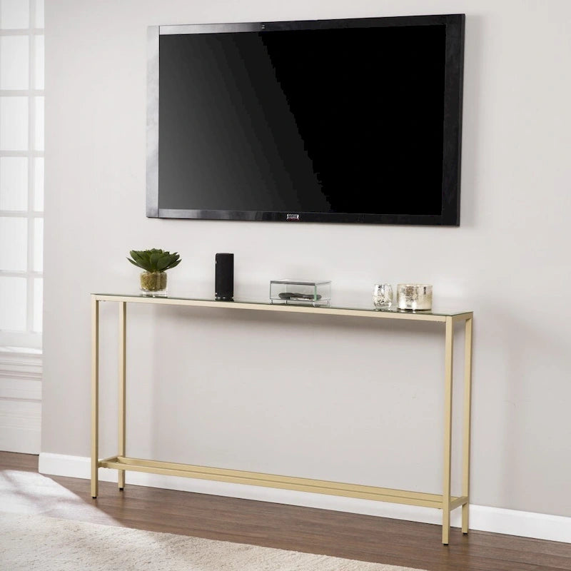 Console Miroir Argenté, Piètement en Métal Doré et Style Moderne - 56 L x 8 P x 30 H