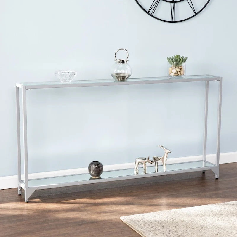 Console miroir en verre et cadre en métal avec étagère - 56 L x 8 l x 29 H