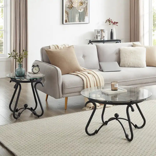 2-Piece Tempered Glass Coffee Table, Rustic Round Decor Table with Side Table for Living Room, Black