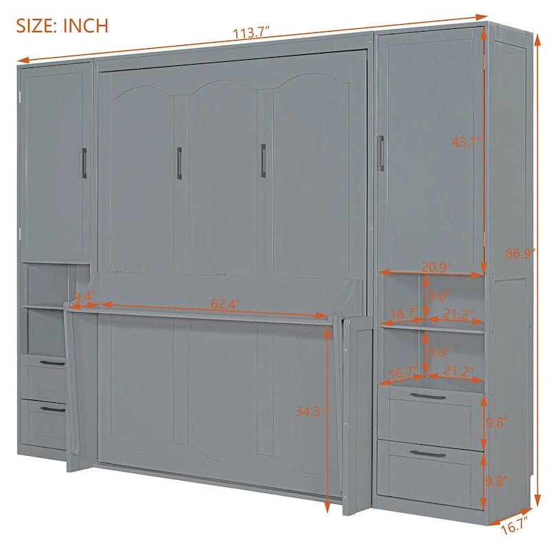 Lit escamotable Queen size avec penderie, bureau, tiroirs et étagères