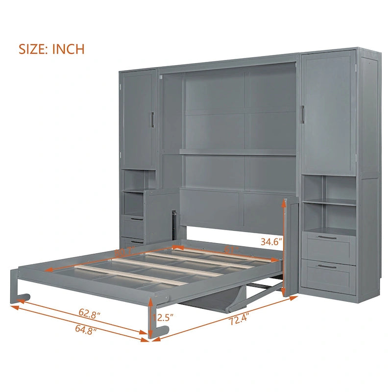 Lit escamotable Queen size avec penderie, bureau, tiroirs et étagères
