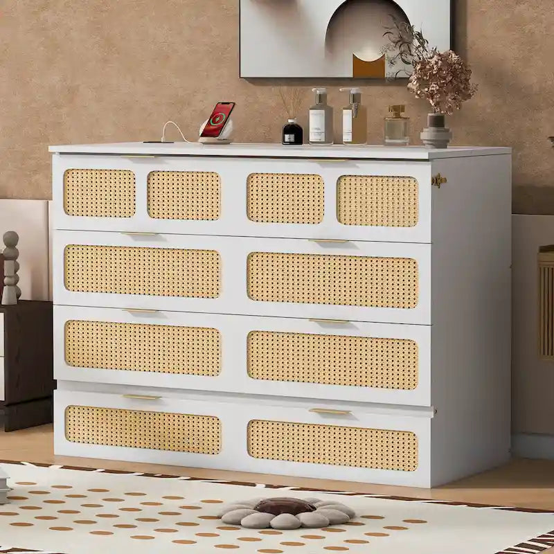 Lit escamotable design en rotin avec tiroirs de rangement, ports USB et prises électriques