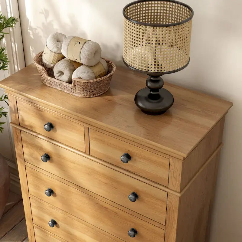 Farmhouse 5-Drawer Chest | Natural Oak Wood, Bedroom Dresser, Solid Wood Storage