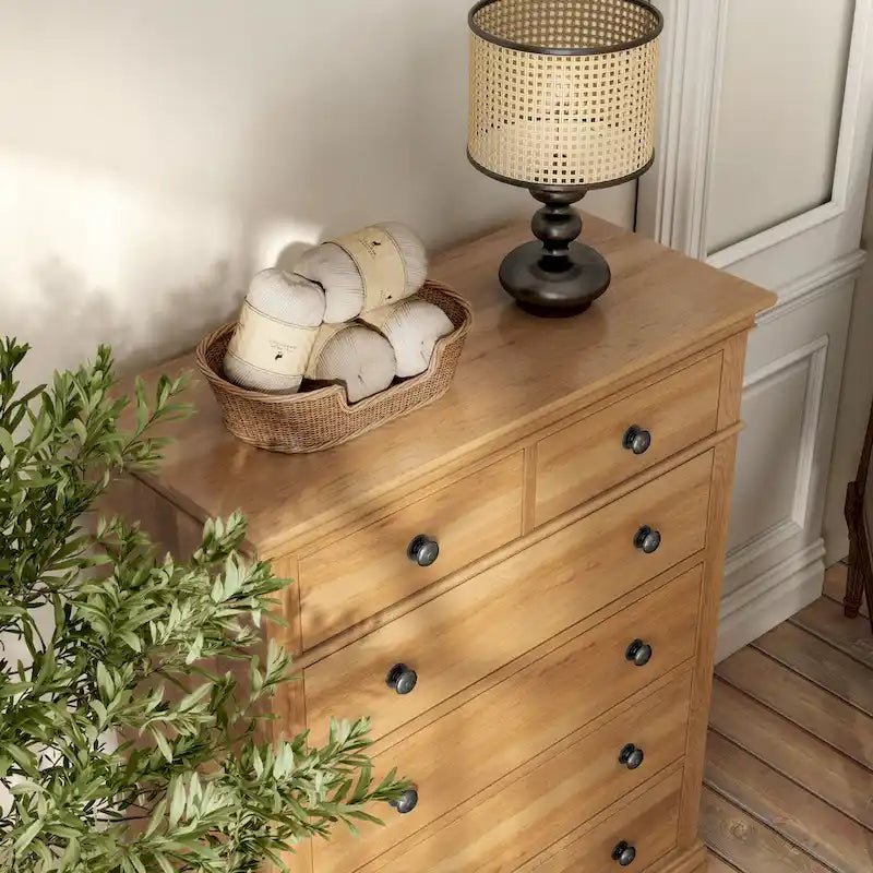 Farmhouse 5-Drawer Chest | Natural Oak Wood, Bedroom Dresser, Solid Wood Storage