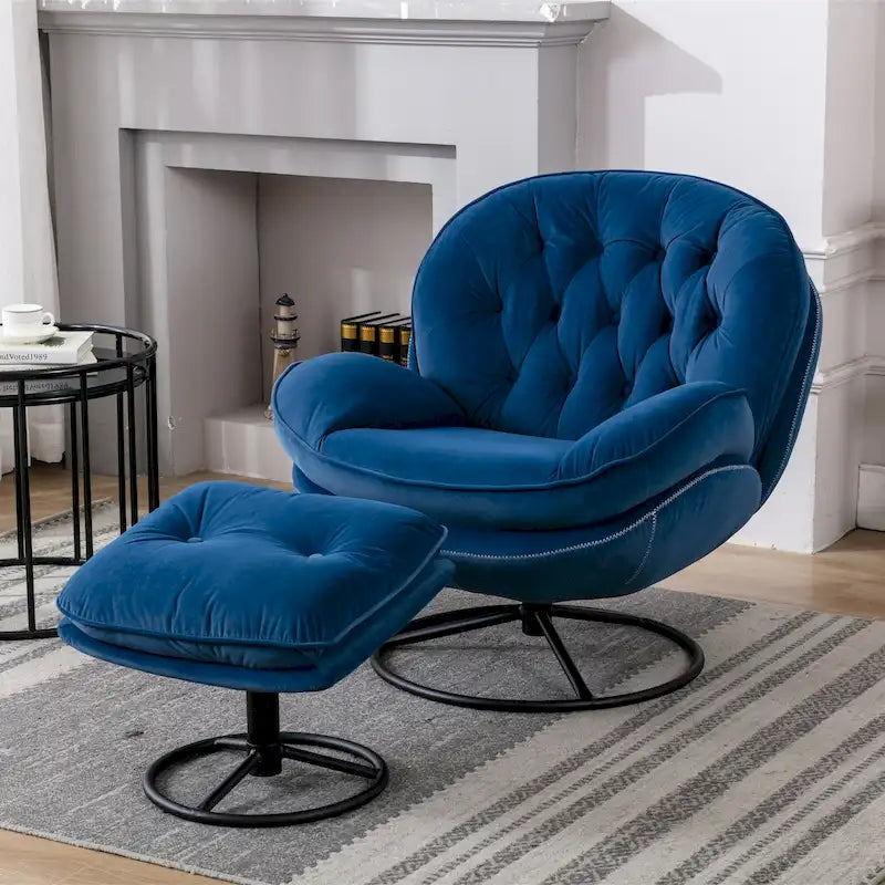 Fauteuil d'appoint pivotant rembourré bleu avec ottoman | Capitonnage à boutons, pieds en métal noir