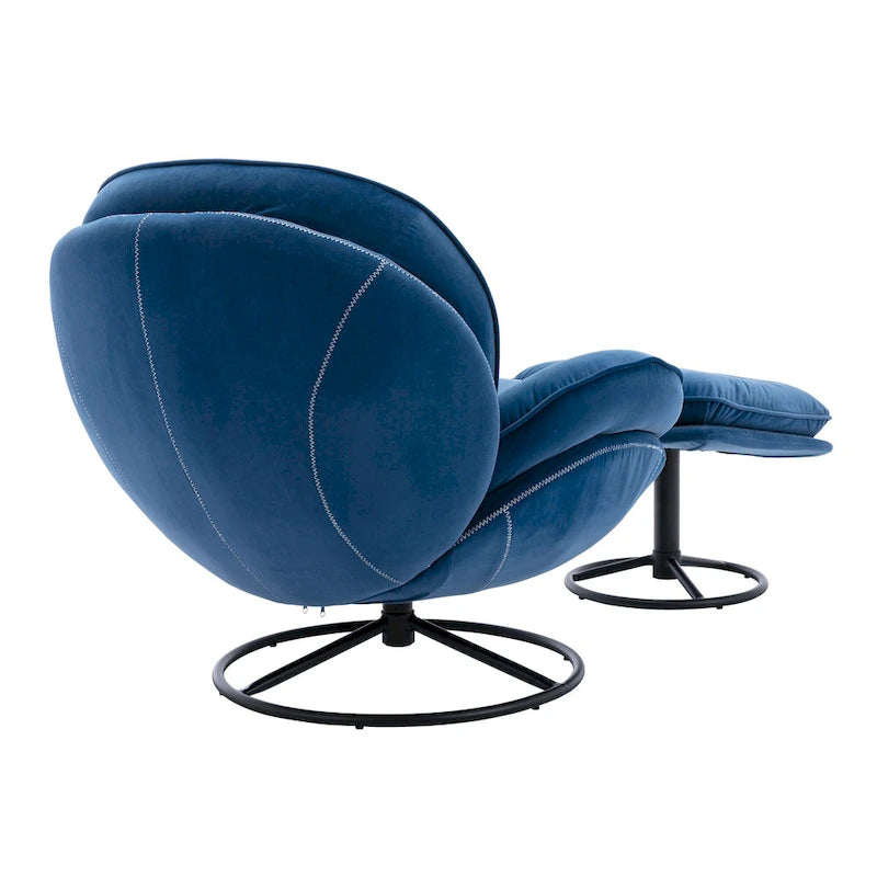 Fauteuil d'appoint pivotant rembourré bleu avec ottoman | Capitonnage à boutons, pieds en métal noir