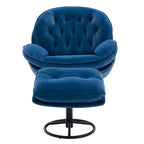 Fauteuil d'appoint pivotant rembourré bleu avec ottoman | Capitonnage à boutons, pieds en métal noir