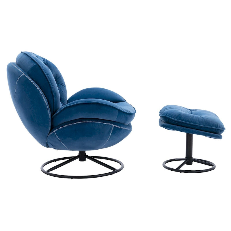 Fauteuil d'appoint pivotant rembourré bleu avec ottoman | Capitonnage à boutons, pieds en métal noir