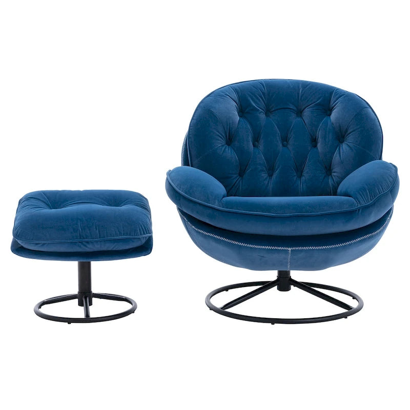 Fauteuil d'appoint pivotant rembourré bleu avec ottoman | Capitonnage à boutons, pieds en métal noir