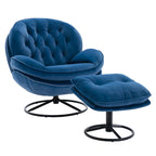 Fauteuil d'appoint pivotant rembourré bleu avec ottoman | Capitonnage à boutons, pieds en métal noir