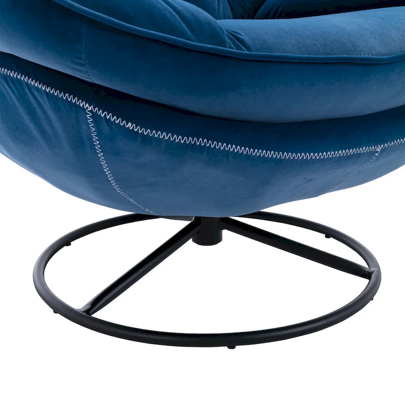 Fauteuil d'appoint pivotant rembourré bleu avec ottoman | Capitonnage à boutons, pieds en métal noir