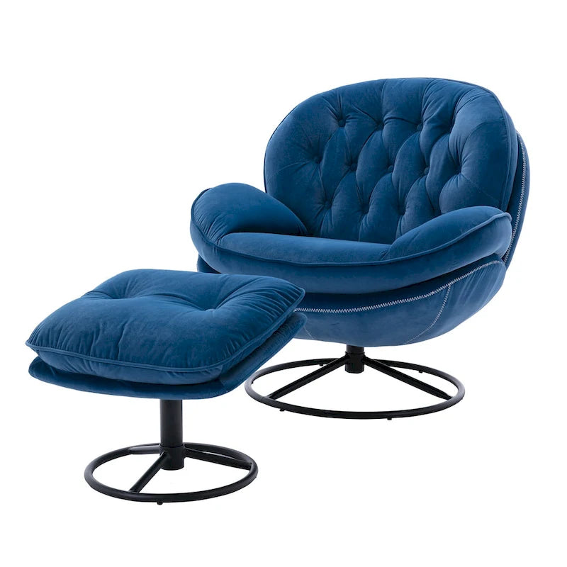 Fauteuil d'appoint pivotant rembourré bleu avec ottoman | Capitonnage à boutons, pieds en métal noir
