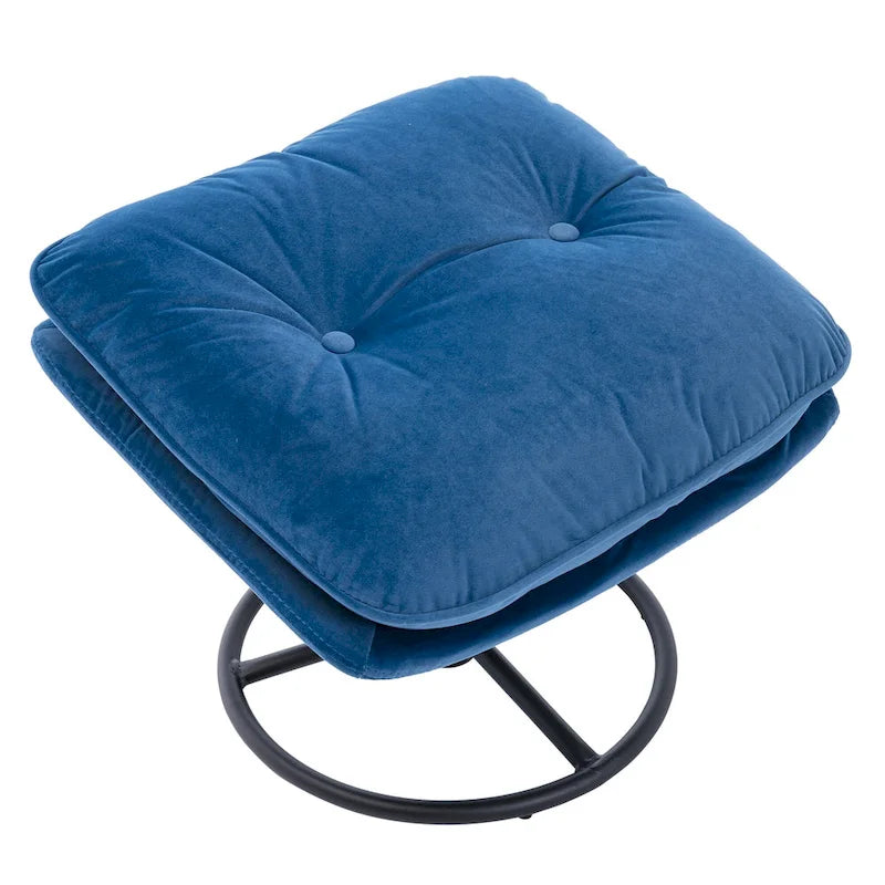 Fauteuil d'appoint pivotant rembourré bleu avec ottoman | Capitonnage à boutons, pieds en métal noir