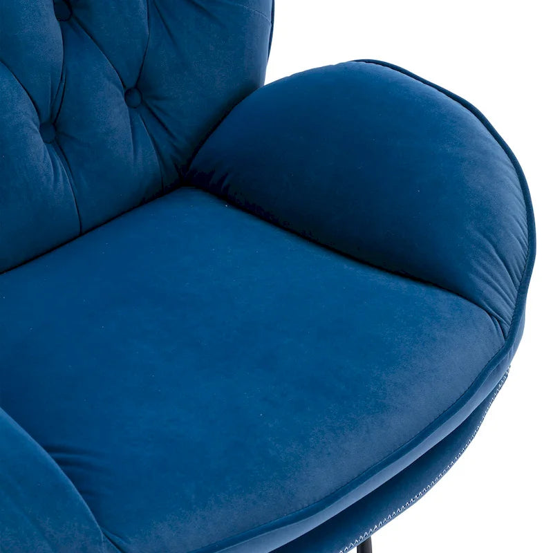 Fauteuil d'appoint pivotant rembourré bleu avec ottoman | Capitonnage à boutons, pieds en métal noir