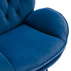 Fauteuil d'appoint pivotant rembourré bleu avec ottoman | Capitonnage à boutons, pieds en métal noir
