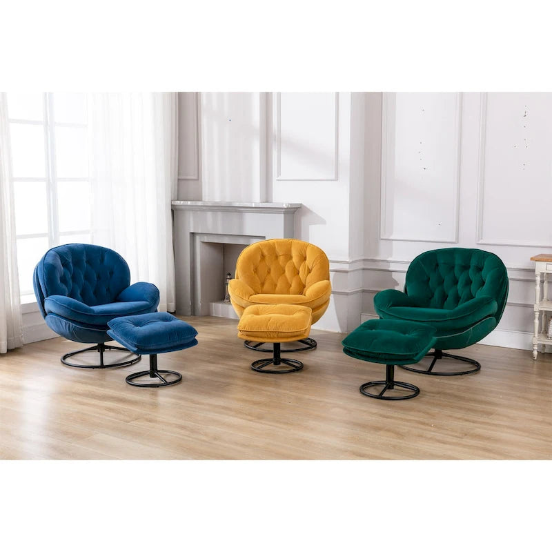 Fauteuil d'appoint pivotant rembourré bleu avec ottoman | Capitonnage à boutons, pieds en métal noir