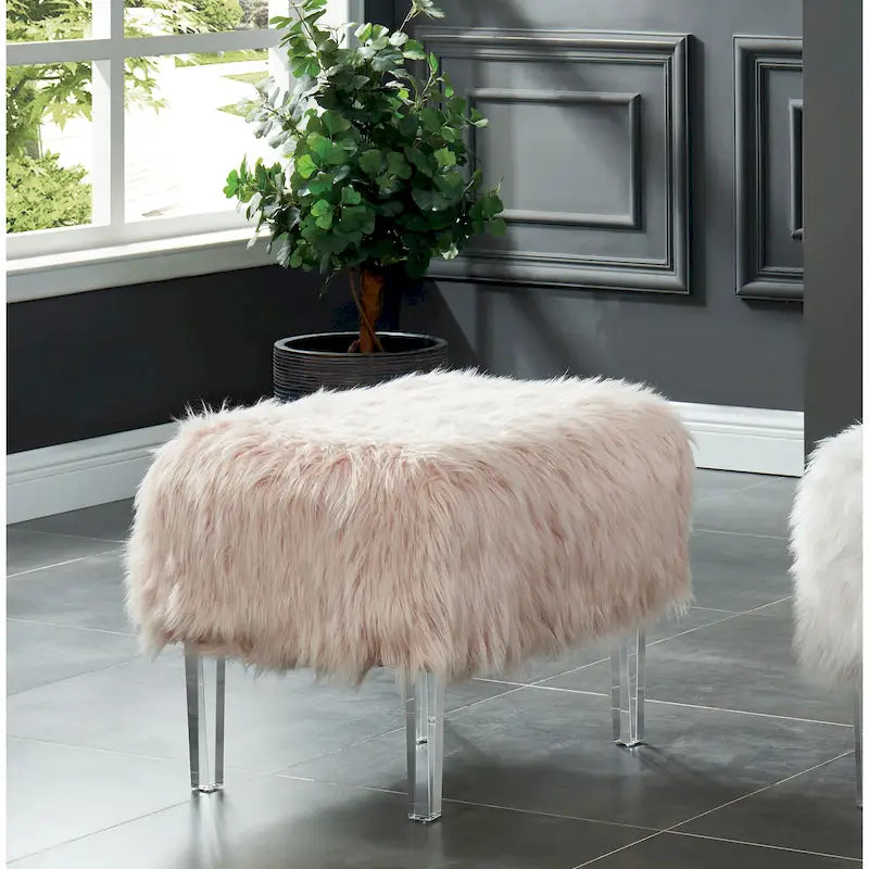 Pouffe Contemporain en Fausse Fourrure avec Pieds en Acrylique Transparent | Rembourré en Mousse, 4 Couleurs, 23"L x 17.5"H