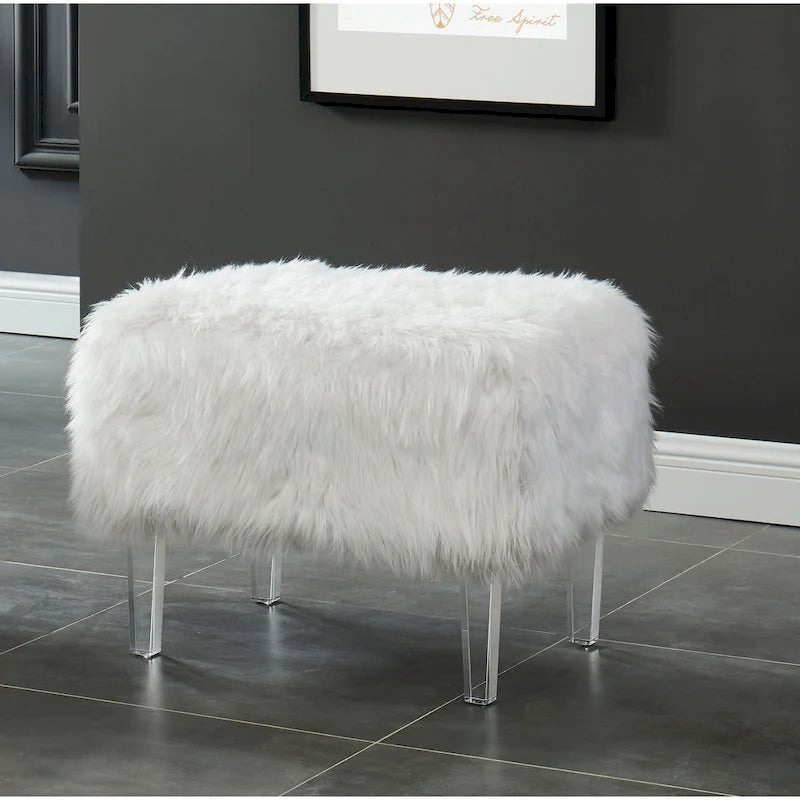 Pouffe Contemporain en Fausse Fourrure avec Pieds en Acrylique Transparent | Rembourré en Mousse, 4 Couleurs, 23"L x 17.5"H