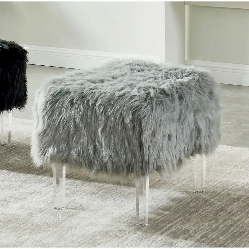 Pouffe Contemporain en Fausse Fourrure avec Pieds en Acrylique Transparent | Rembourré en Mousse, 4 Couleurs, 23"L x 17.5"H