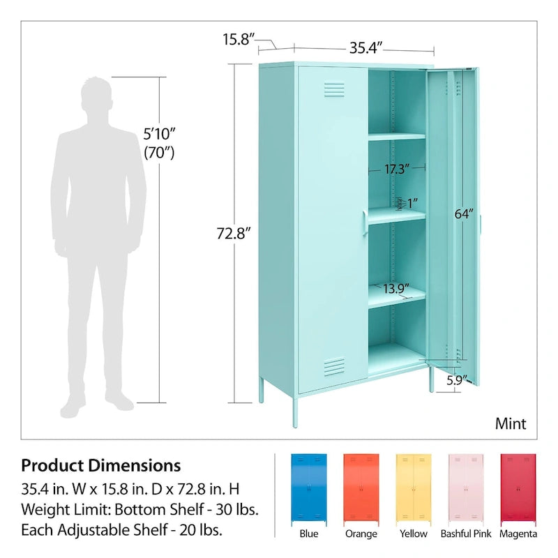Armoire de rangement haute à 2 portes en métal style casier | Design industriel, étagères réglables