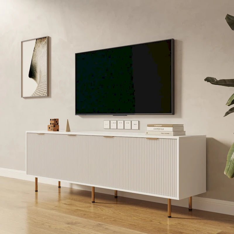 Meuble TV de 80 po | Fini blanc chaud, console multimédia moderne, convient aux téléviseurs de 80 po
