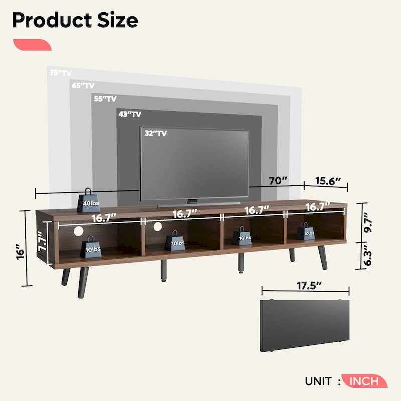 70" Mid-Century Solid Wood TV Stand | Entertainment Center, Fits 75" TVs