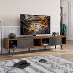 Meuble TV 70" en bois massif de style Mid-Century | Meuble de divertissement, convient aux téléviseurs de 75"