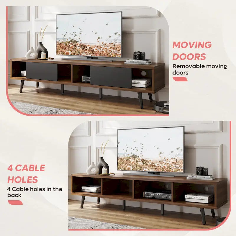 Meuble TV 70" en bois massif de style Mid-Century | Meuble de divertissement, convient aux téléviseurs de 75"