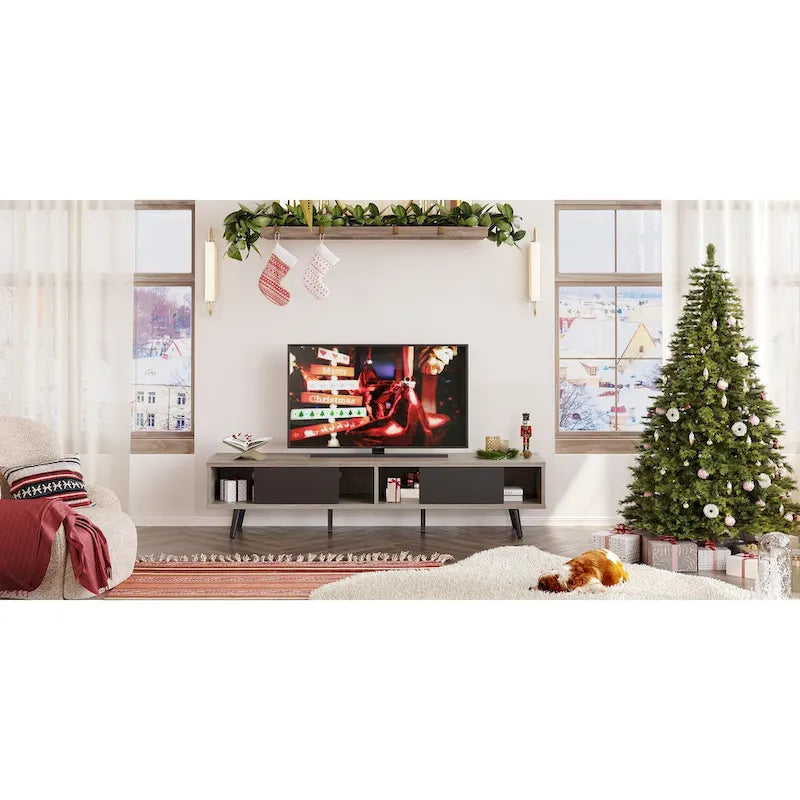 Meuble TV 70" en bois massif de style Mid-Century | Meuble de divertissement, convient aux téléviseurs de 75"