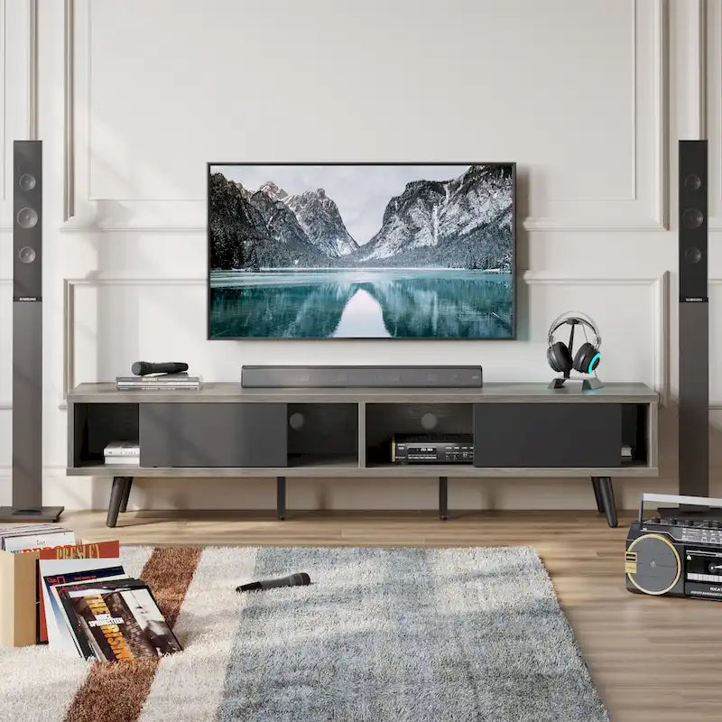 Meuble TV 70" en bois massif de style Mid-Century | Meuble de divertissement, convient aux téléviseurs de 75"