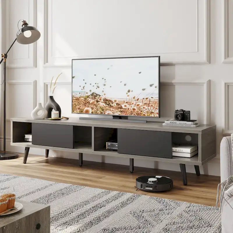 Meuble TV 70" en bois massif de style Mid-Century | Meuble de divertissement, convient aux téléviseurs de 75"