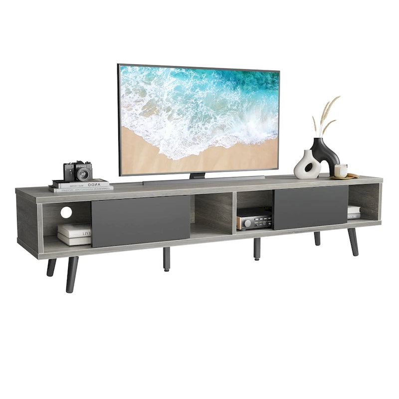 Meuble TV 70" en bois massif de style Mid-Century | Meuble de divertissement, convient aux téléviseurs de 75"