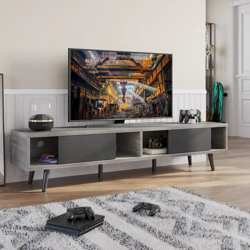 Meuble TV 70" en bois massif de style Mid-Century | Meuble de divertissement, convient aux téléviseurs de 75"