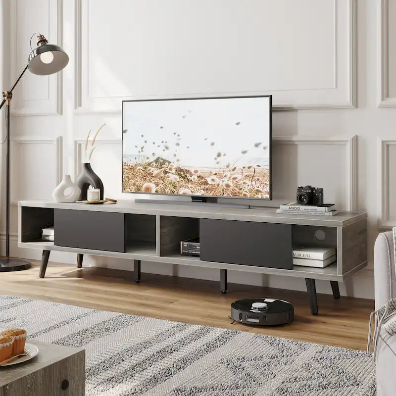 Meuble TV 70" en bois massif de style Mid-Century | Meuble de divertissement, convient aux téléviseurs de 75"