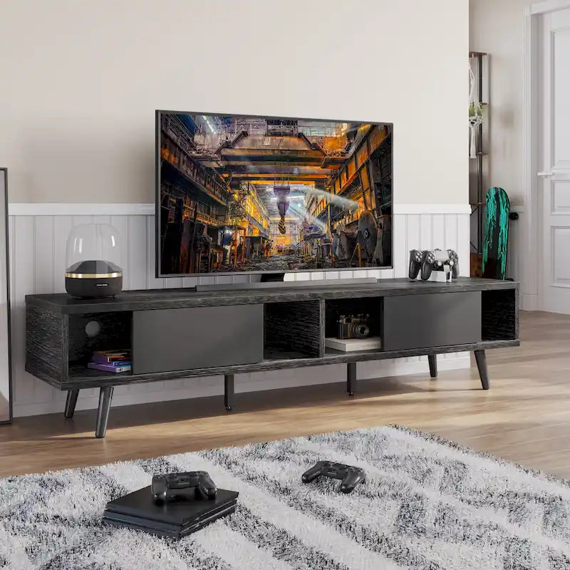 Meuble TV 70" en bois massif de style Mid-Century | Meuble de divertissement, convient aux téléviseurs de 75"