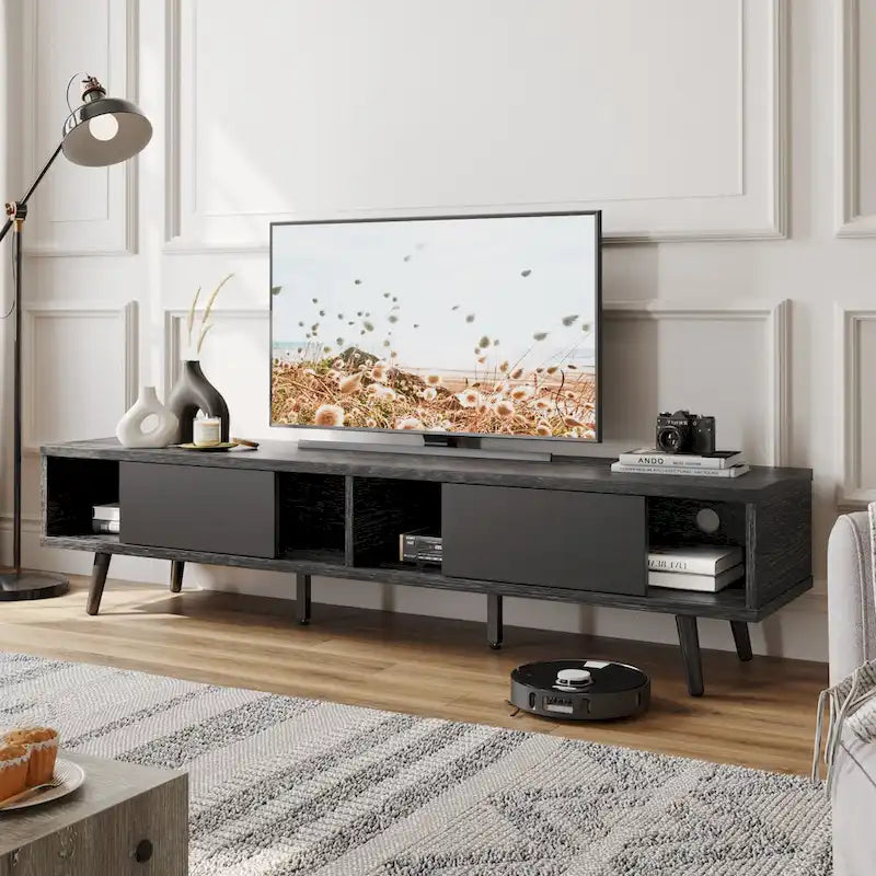 Meuble TV 70" en bois massif de style Mid-Century | Meuble de divertissement, convient aux téléviseurs de 75"