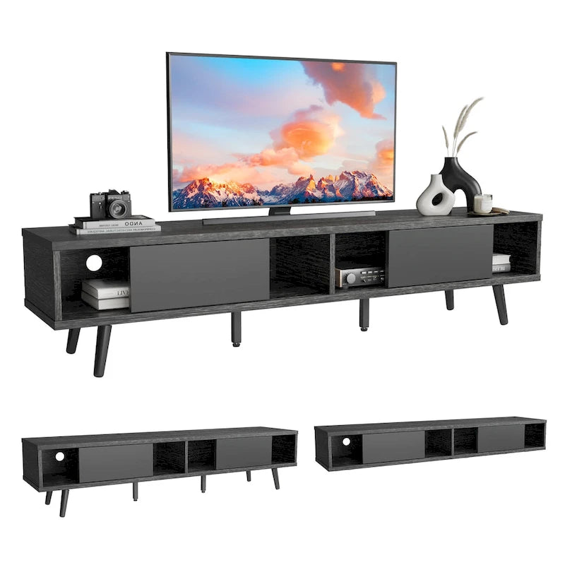 Meuble TV 70" en bois massif de style Mid-Century | Meuble de divertissement, convient aux téléviseurs de 75"