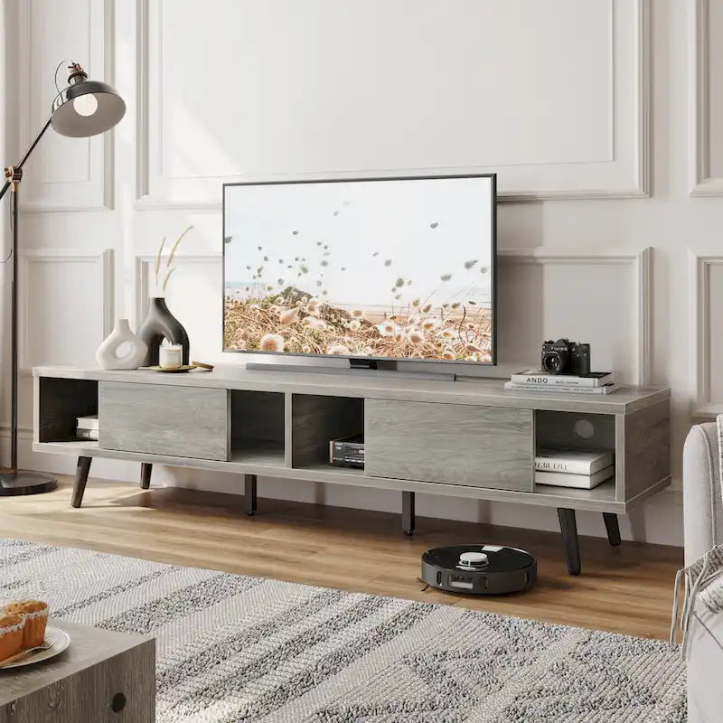 Meuble TV 70" en bois massif de style Mid-Century | Meuble de divertissement, convient aux téléviseurs de 75"