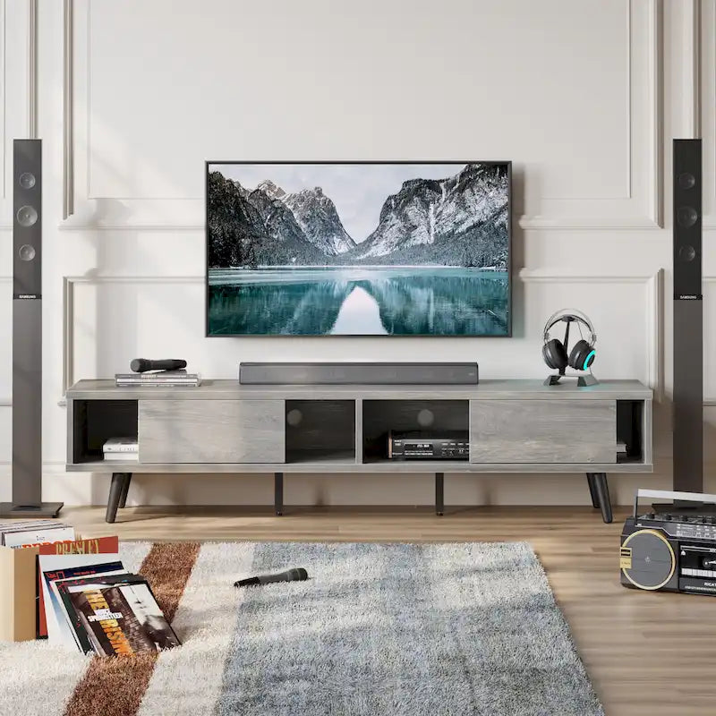 Meuble TV 70" en bois massif de style Mid-Century | Meuble de divertissement, convient aux téléviseurs de 75"