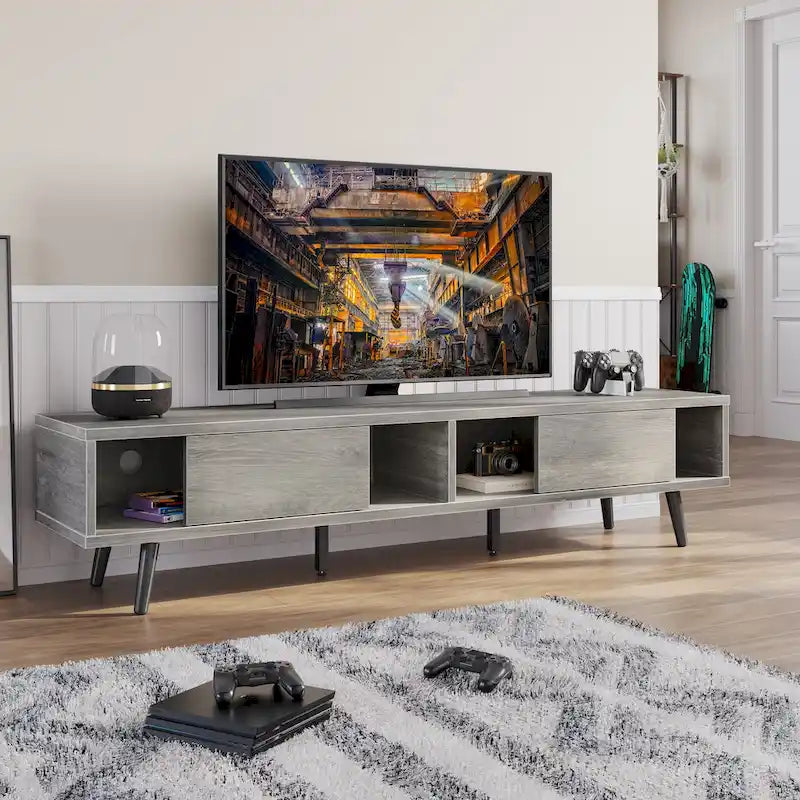 Meuble TV 70" en bois massif de style Mid-Century | Meuble de divertissement, convient aux téléviseurs de 75"