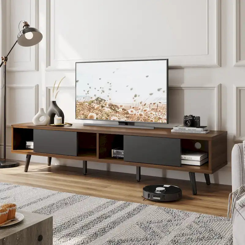 Meuble TV 70" en bois massif de style Mid-Century | Meuble de divertissement, convient aux téléviseurs de 75"
