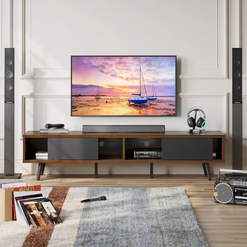 Meuble TV 70" en bois massif de style Mid-Century | Meuble de divertissement, convient aux téléviseurs de 75"